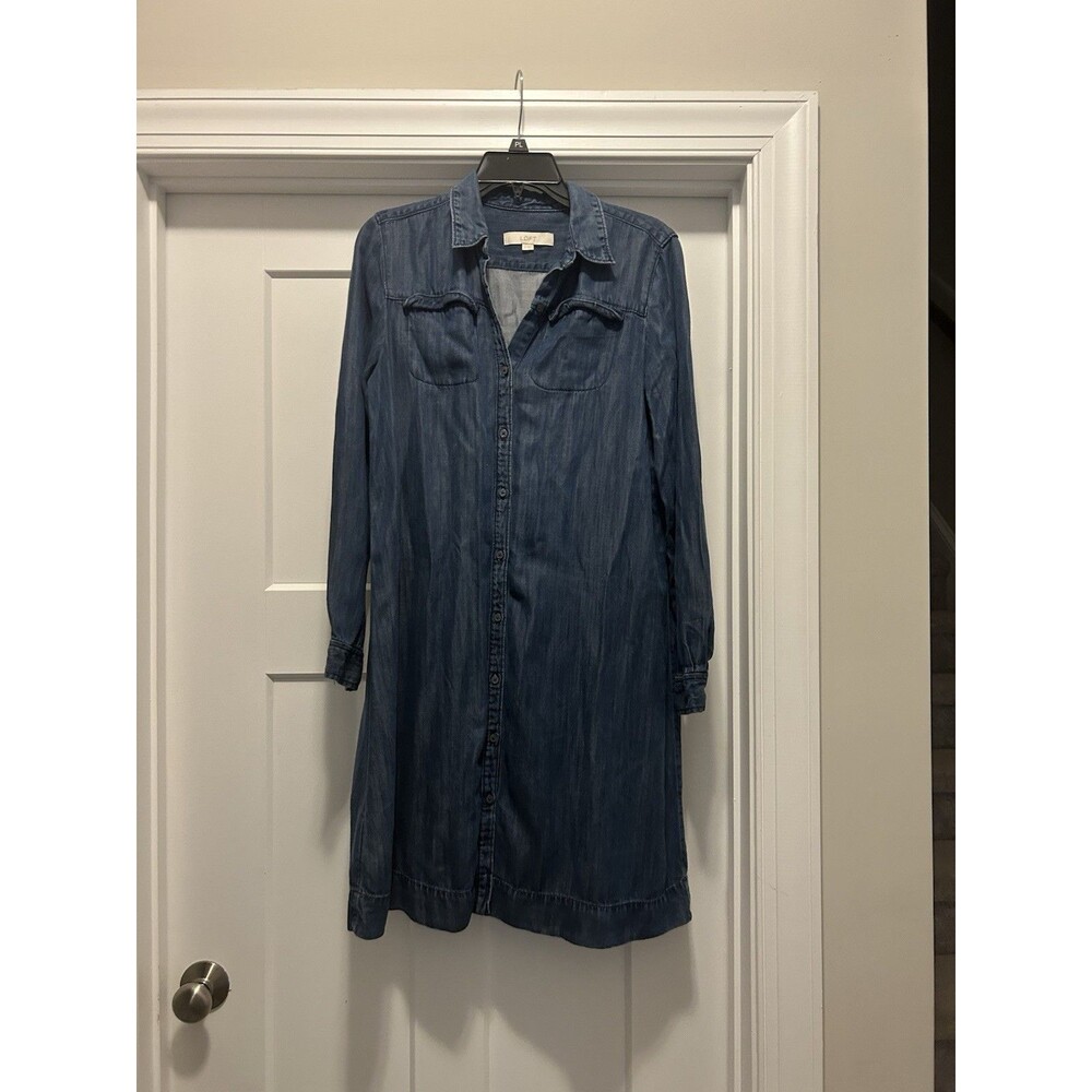 LOFT Denim Shirt Dress Blue Chambray Long Sleeve Roll Tab Sleeves Modest Small